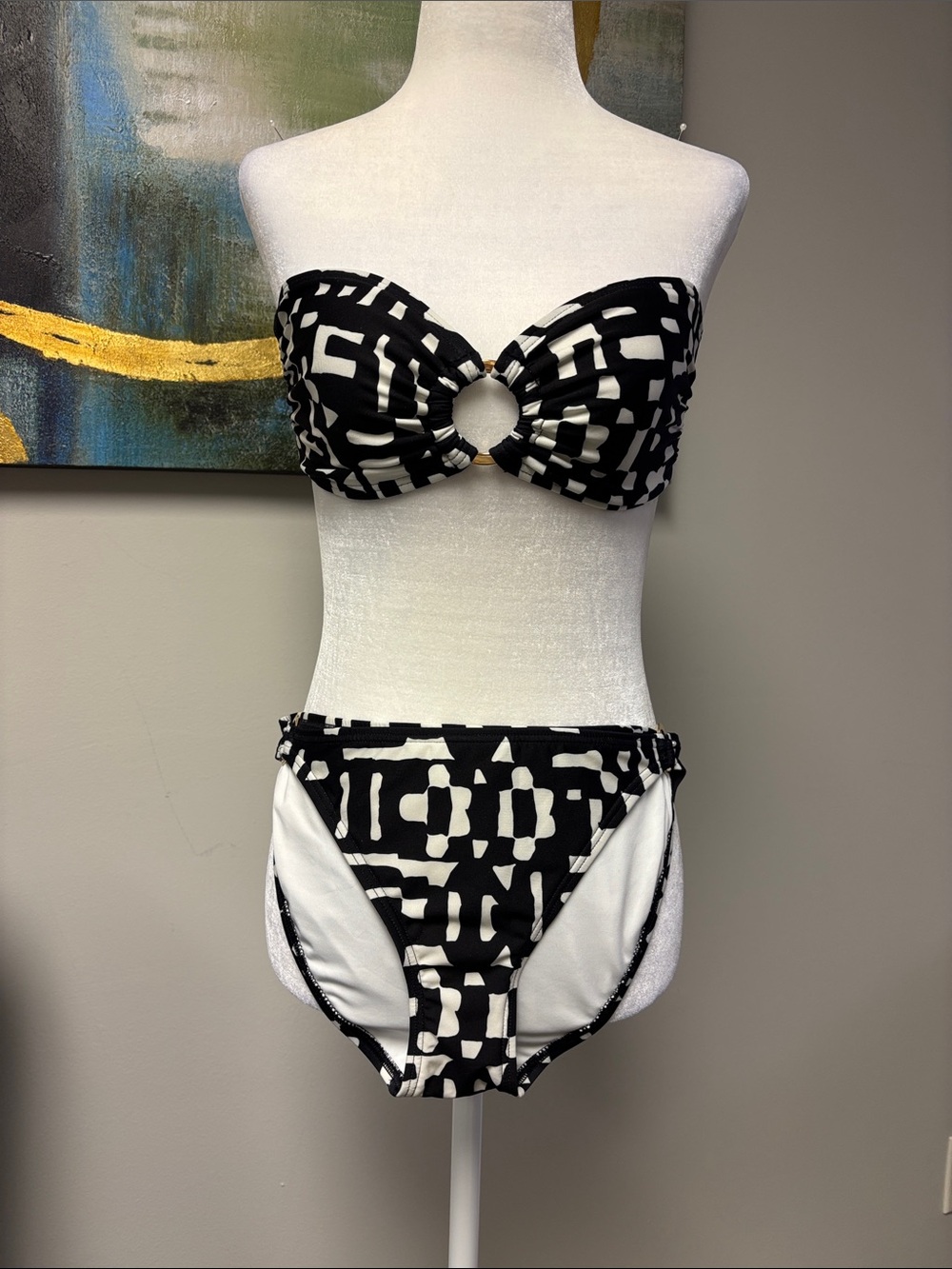 Banana Republic Black and White Geometric Bandeau Bikini with Ring Detail